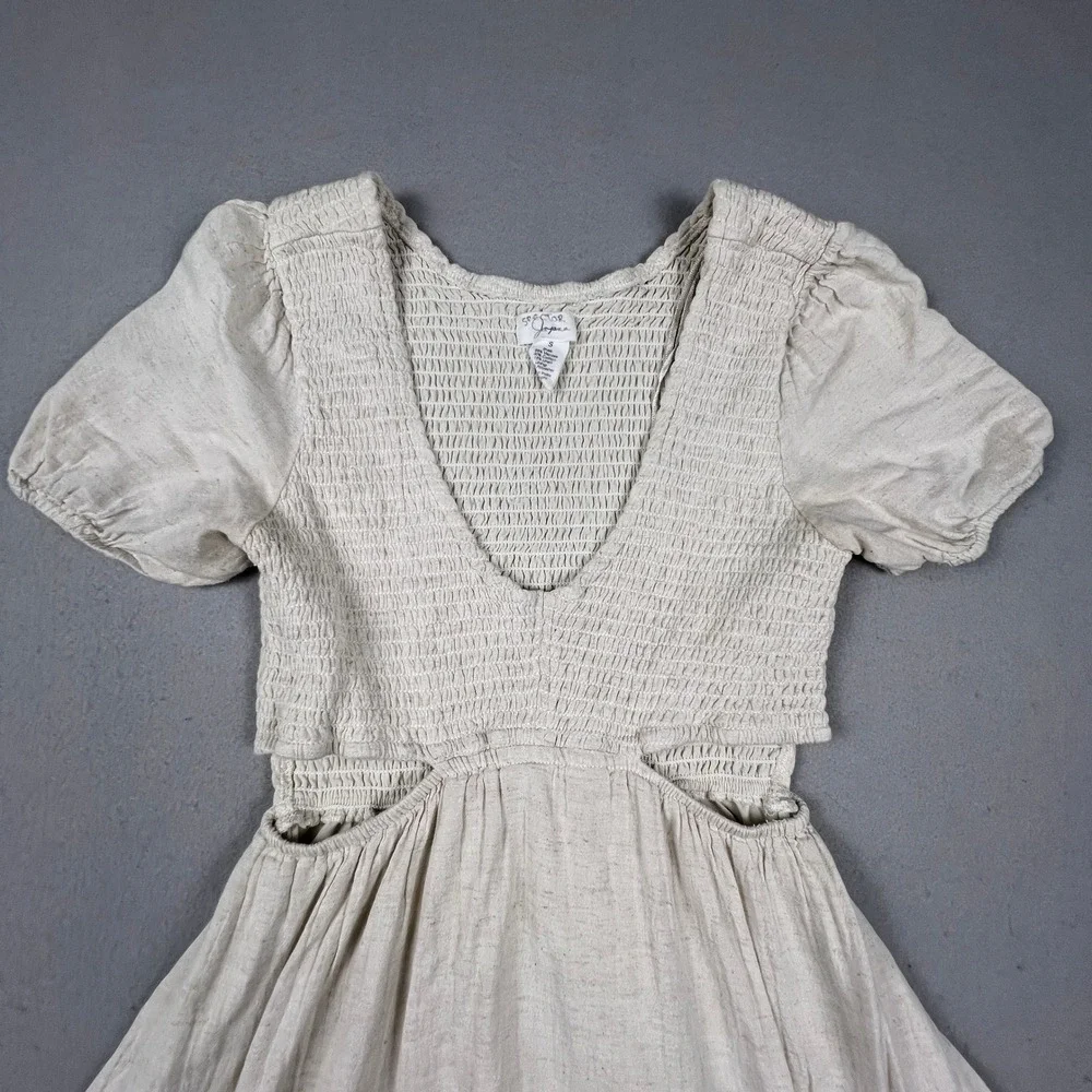 Spektor Jeans Dress Womens Small Oatmeal Linen Blend‎ Smocked Cut-Out Boho Mini